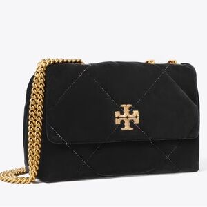 Tory Burch Black Quilted Suede Shoulder Bag with Gold Chain